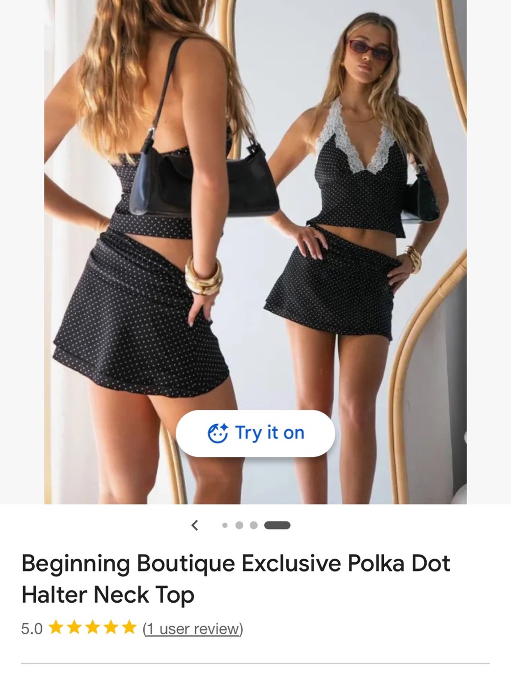 Beginning Boutique Black & White Polka Dot Lace Trim Halter Top - Picture 2 of 4